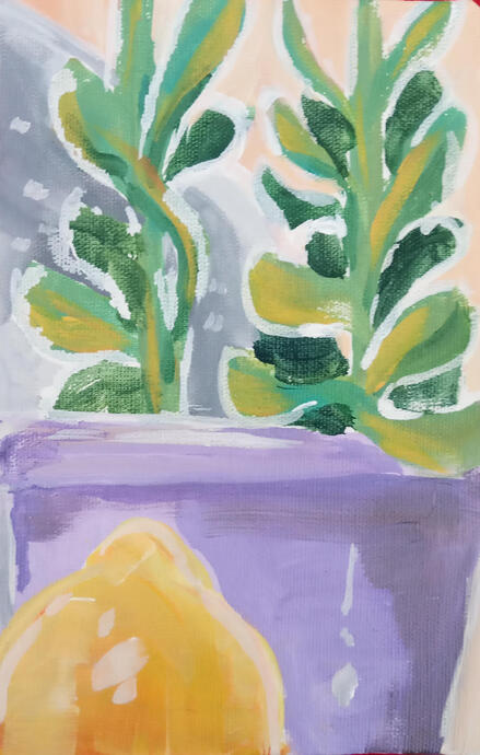 Limão e Suculenta. Acrílica sobre tela. 10x15cm